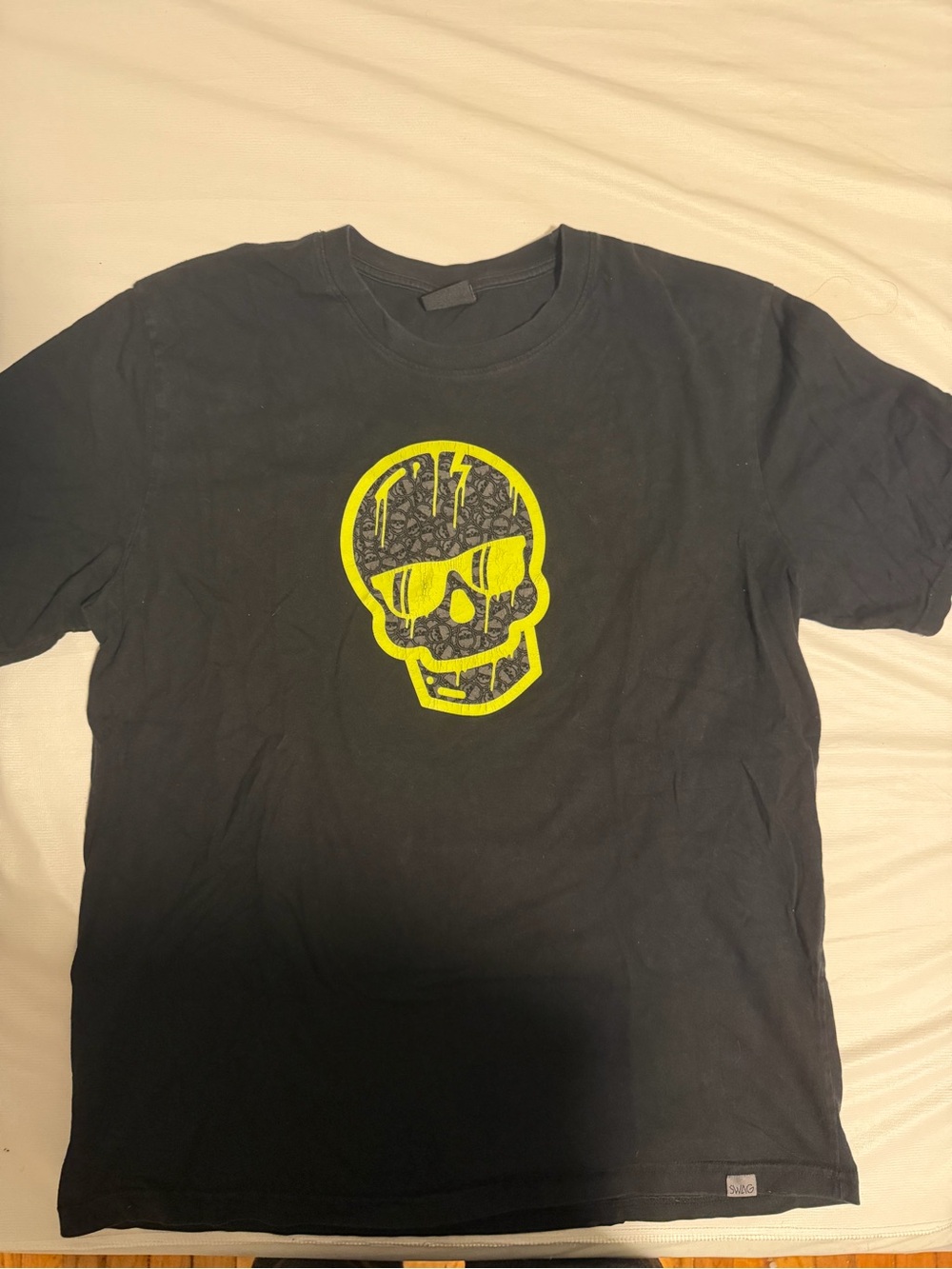Black Short Sleeve Tee with Neon Yellow Skull Graphic - Picture 1 of 4